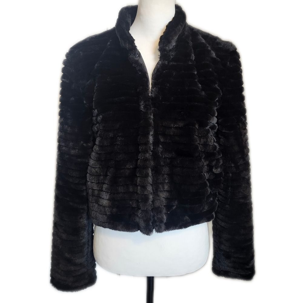 Betsey Johnson Black Faux Fur Cropped High Neck Shrug Jacket, Small